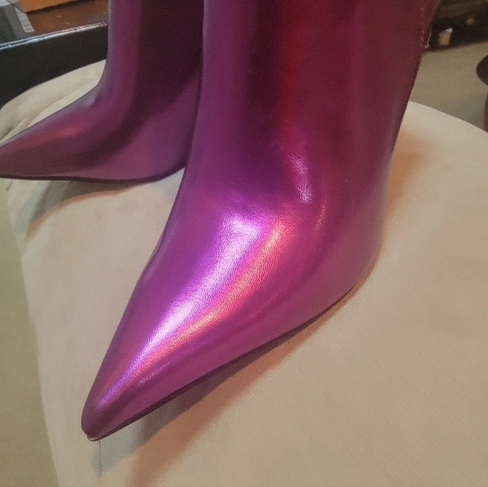FSJ Classic Pointed Toe Stiletto High Heel Studded Ankle Boots Glossy Pull-On